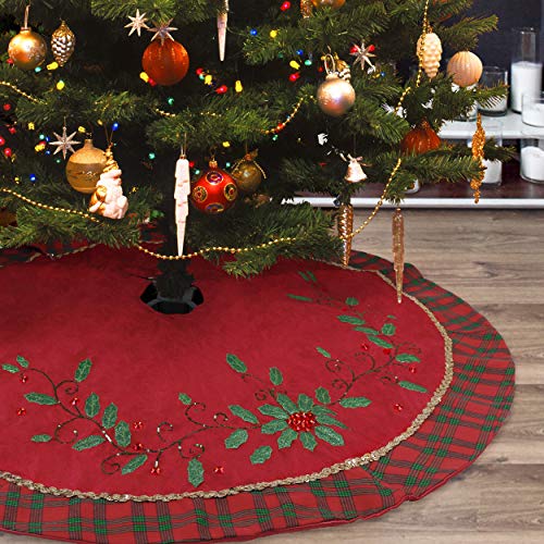 Product Cover Christmas Tree Skirt - 48 inch Large Red Green Christmas Tree Skirt with Holly Leaves, Shiny Accessories and Red Green Tartan Cuff for Family Holiday Christmas Party Decorations Indoor Outdoor