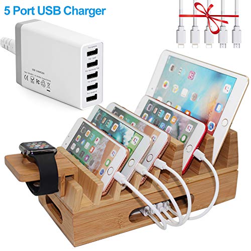 Product Cover Pezin & Hulin Bamboo Charging Station Holder with 5 Port USB Charger, Watch Stand, 5 x Charge Cable, Wood Docking Stand Electronic Organizer for Multiple Devices, Phones, Tablets, Laptop and More