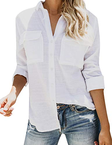 Product Cover Naggoo Womens Long Sleeve V Neck Collared Button Down Shirts Casual Roll Up Cuffed Sleeve Blouses Tops with Pockets