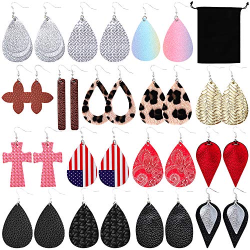 Product Cover Habbi Leather Earrings, 16 Pairs Faux Leather Leaf Teardrop Earrings for Women, Lightweight Petal Dangle Drop Handmade Earrings Set with Drawstring Bags