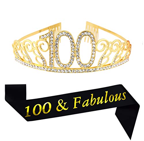 Product Cover 100th Brithday Gold Tiara and Sash, Glitter Satin 100 & Fabulous Sash and Crystal Rhinestone Birthday Crown for Happy 100th Birthday Party Supplies Favors Decorations 100th Birthday Cake Topper