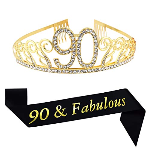 Product Cover 90th Brithday Gold Tiara and Sash, 90 & Fabulous Glitter Satin Sash and Crystal Rhinestone Birthday Crown for Happy 90th Birthday Party Supplies Favors Decorations 90th Birthday Cake Topper