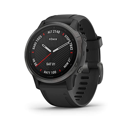 Product Cover Garmin Carbon-Graphite Fenix 6S Sapphire Carbon Gray DLC with Black Band Wrist-Based Heart Rate¹ and Pulse OX² Sensors Add Insight to Your Fitness Activities
