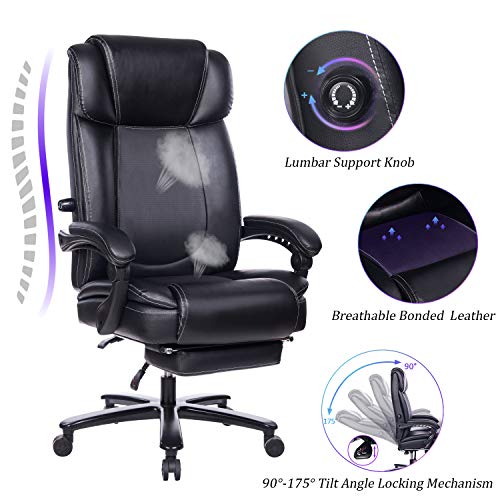 Product Cover REFICCER Big and Tall Reclining Leather Office Chair - Metal Base High Back Executive Computer Desk Chair with Adjustable Built-in Lumbar Support, Angle Recline Locking System and Footrest, Black