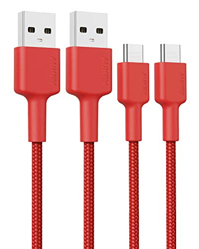Product Cover USB C Cable AUKEY (6.6ft x 2) USB Type C Cable Braided Nylon USB C to USB A Fast Charging Cord for Samsung Galaxy S10 S10+, Huawei P30 P20, MacBook Pro 2016, Sony Xperia XZ, Nexus 5X, OnePlus - Red