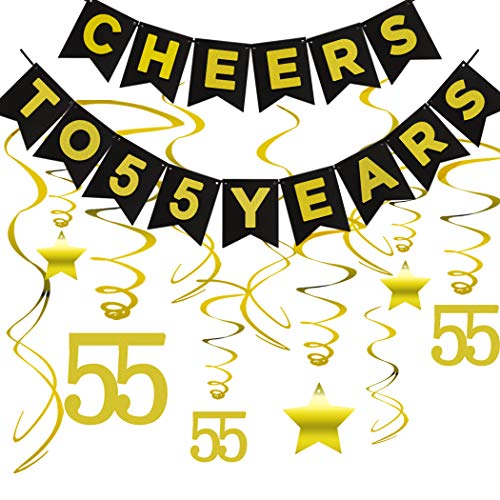 Product Cover 55th BIRTHDAY PARTY DECORATIONS KIT - Cheers to 55 Years Banner, Sparkling Celebration 55 Hanging Swirls, Perfect 55 Years Old Party Supplies 55th Anniversary Decorations