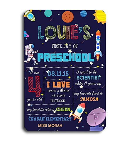 Product Cover Art Studio Blue Universe Astronaut Dream Chalkboard Style First Day of School Reusable Easy Clean Decoration Sign Rocket Stars Photo Props 8''x 12'' Metal Tin -Customizable with Liquid Chalk Markers