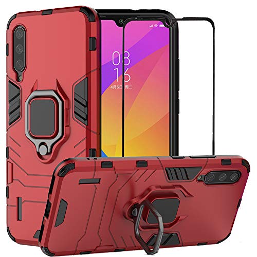 Product Cover BestAlice for Xiaomi Mi A3 / CC9E Case, Hybrid Heavy Duty Protection Shockproof Defender Kickstand Armor Case Cover Tempered Glass Screen Protector，Red