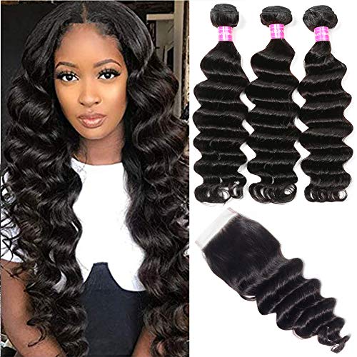 Product Cover Symorain Brazilian Loose Deep Wave Bundles with Closure Wet and Wavy Loose Deep Curly 100% Human Hair 3 Bundles with Swiss Lace Closure Hair Extensions