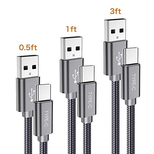 Product Cover Short USB C Cable,3-Pack(0.5ft+1ft+3ft) USB Type C Charger Nylon Braided Fast Charging Cord Compatible Samsung Galaxy S10+ S9 S8 Plus,Note 9 8,LG G5 G6 G7 V35,Google Pixel,Moto Z2 Z3,Power Bank(Grey)