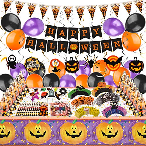 Product Cover Halloween Party Decorations - 132pcs Halloween Party Favor Supplies with Happy Halloween Banner, Balloons, Table Cover, Party Hat, Swirls Decorations, Halloween Cupcakes Toppers, Halloween Treat Bags for kids