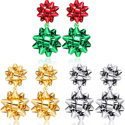 Product Cover 3 Pairs Christmas Earrings Bow Flower Dangle Earrings Cubic Bow Stud Earrings for Women (Style Set 1)