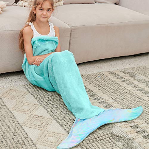 Product Cover Bonzy Home Kids Mermaid Tail Blanket for Girls, Plush Soft Flannel Fleece All Seasons Sleeping Blanket Bag for Children (Mint)