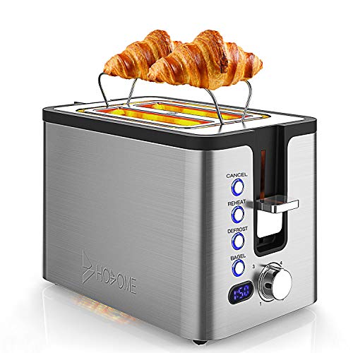 Product Cover 2 Slice Toaster, Hosome Stainless Steel Bread Bagel Toaster Extra Wide Slots Toasters with Warming Rack, 6 Shade Settings, LED Display, Removable Crumb Tray, Bagel/Defrost/Reheat/Cancel Function, 800W