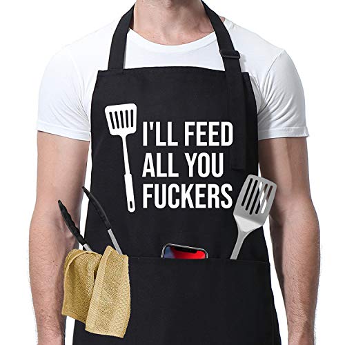 Product Cover I'll Feed All You - Funny Black Aprons for Men, Women with 3 Pockets - Birthday, Valentines Day Gifts for Mom, Dad, Husband, Wife, Boyfriend, Girlfriend, Her, Him - Miracu Kitchen Chef Cooking Apron