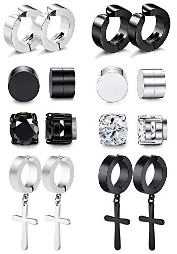 Product Cover RIOSO Magnetic Stud Earrings for Men Women Stainless Steel Hoop Cross Non Piercing Fake Gauges Earring Black CZ Hypoallergenic Magnet Earring Set