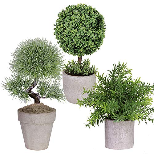 Product Cover Winlyn 3 Pack Artificial Plastic Mini Plants Boxwood Topiary Trees Shrubs Fake Green Rosemary Plant Bonsai with Gray Pot for Bathroom,House Decorations,3 Styles
