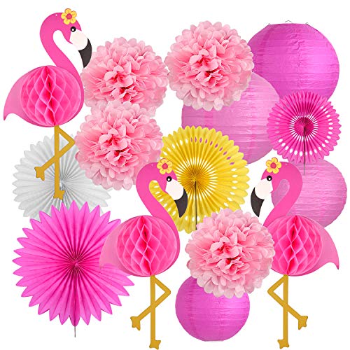Product Cover Latoy Flamingo Party Supplies, Tropical Luau Party Decorations, Hanging Paper Fans, Fiesta Party Supplies, Tissue Paper Flowers for Hawaiian Beach Luau Party Birthday Wedding Photo Backdrop