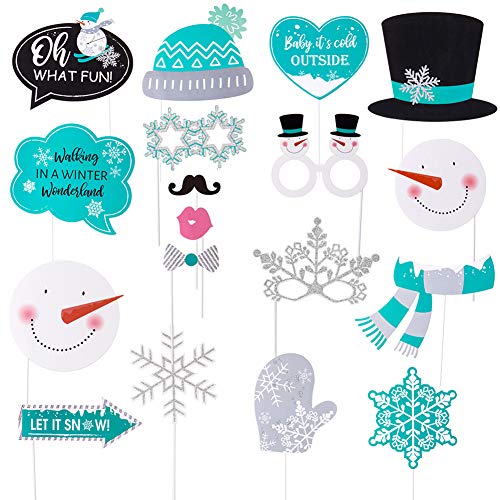Product Cover Snowman Photo Booth Props Let It Snow Christmas Winter Wonderland Party Holiday Decorations 18 pcs SUNBEAUTY (Teal White Black)
