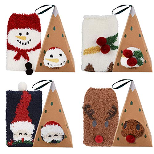 Product Cover Aniwon Christmas Socks Fuzzy, 4 Pairs Holiday Fluffy Plush Slipper Socks Cute Cozy Xmas Sock Winter Warm Thick Home Socks with 3D Cute Pattern For Women Girls Gift
