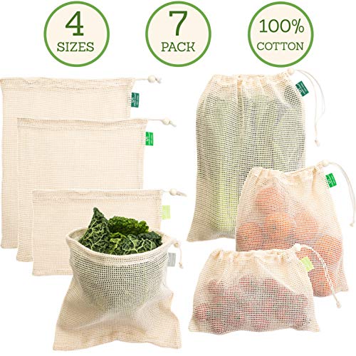 Product Cover Cotton Produce Bags - Reusable Mesh Produce Bags - 4 Sizes in Set of 7 - Strong - with Drawstring - Tare Weight on Tag - for Grocery Shopping and Storage + Bonus Muslin Bag
