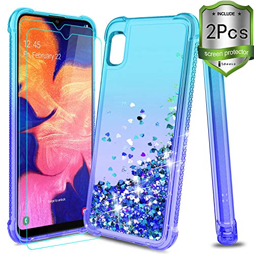 Product Cover iCoold Samsung Galaxy A10e case,w/Screen Protector[2 Pack],Four-Corner Glitter Bling Floating Quicksand Silicone Slim Non-slip Shockproof Bumper Protective TPU Cover for Girls Women (Teal/Blue)