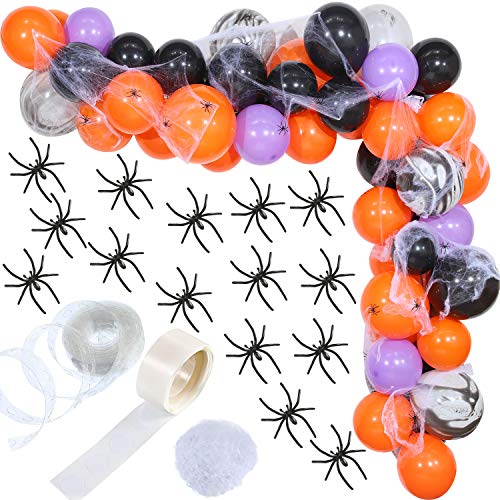 Product Cover Halloween Balloon Garland Kit Black Orange Purple Balloons Arch with Halloween Spider Web and 24 Pieces Halloween Plastic Spiders for Halloween Decoration