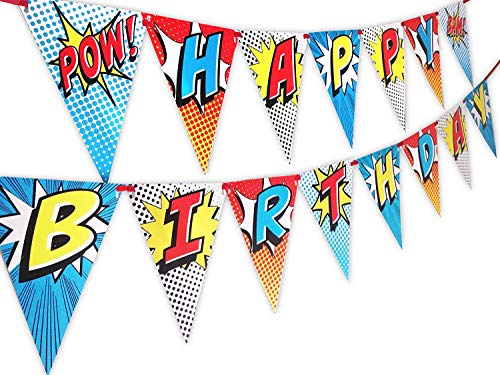 Product Cover POP parties Superhero Happy Birthday Banner Pennant - Superhero Party Supplies - Superhero Decorations - Red