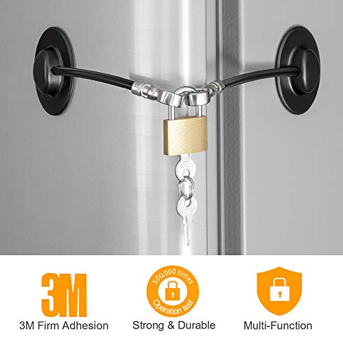 Product Cover Refrigerator Lock, Fridge Lock with Keys and Padlock, Freezer Lock with Strong 3M Adhesives, Heavy-duty Aircraft Cable, provides 500lbs Resistive Force, Black Refrigerator Locks for Children