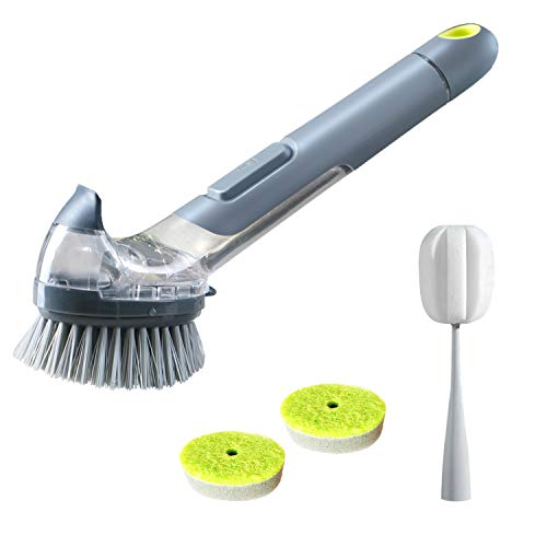Product Cover JEHONN Dish Brush with Soap Dispenser Pot Scrubber Kitchen Sink Pan Brush, Bottle Brush and 2 Sponge Refill