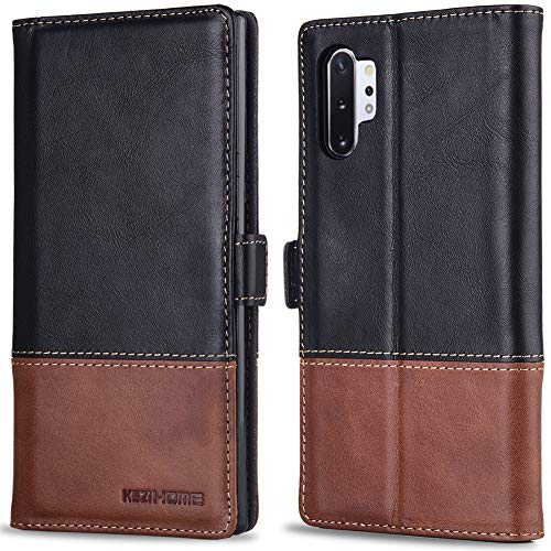 Product Cover KEZiHOME Samsung Galaxy Note 10+ Plus Case, Genuine Leather Note 10 Plus 5G Wallet Case RFID Blocking Credit Card Slot Flip Magnetic Stand Case Compatible with Galaxy Note 10Plus (Black/Brown)