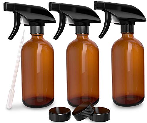 Product Cover 3 Pack - Refillable Empty Amber Glass Spray Bottles [Free Phenolic Cap and Pipette] Great for Cleaning Solutions, Hair, Essential Oils, Plants - Trigger Sprayer with Mist and Single Mode (8 OZ)