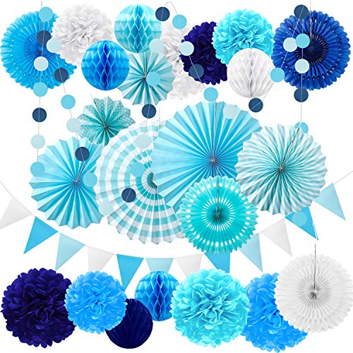 Product Cover 25 Pieces Party Decorations Paper Fans Pom Poms Flowers Garlands String Circle Dot Triangle Bunting Flags Honeycomb Ball Party Supplies for Christmas Birthday Wedding Baby Shower (Blue and White)
