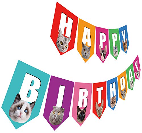 Product Cover Cat Birthday Banner, Happy Birthday Sign with Cat Face, Colorful Cat Bday Party Bunting Decoration