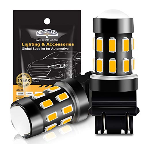 Product Cover 3157 LED Bulbs, LIGHSTA Super Bright 24-SMD 9-30V Non-Polarity 3056 3156 3057 4057 3157K 4157 LED Bulbs with Projector for Turn Signal Blinker Lights, Side Marker Lights, Amber Yellow(Pack of 2)