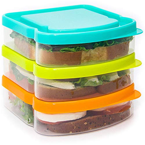 Product Cover 3 Pack Sandwich Containers-Durable Plastic Sandwich Box-Small Lunch Box for Snacks-Reusable Sandwich Containers with Lids-School Breakfast-Lunch Sandwich Holder-Sandwich Keeper Case for Kids