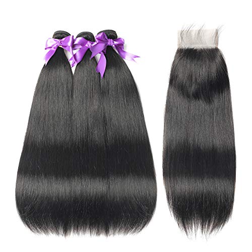 Product Cover FASHION QUEEN HAIR Brazilian Straight Bundles with Closure (14 16 18+12 Closure) 8A Grade 100% Human Hair 3 Bundles with Closure Lace Closure 4x4 Free Part Natural Black Weave for Black Women