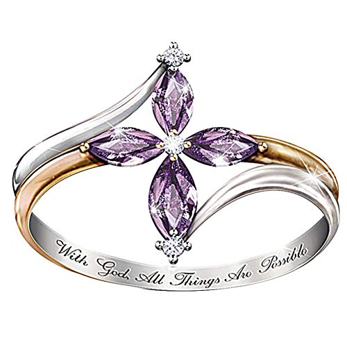 Product Cover Rubyyouhe8 Ring&with God All Things are Possible Lady Dual Color Faux Amethyst Cross Floral Ring Ring for Women Fashion Unisex Jewelry Accessories