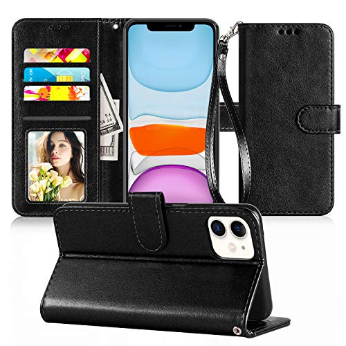 Product Cover Innge phone Case for iPhone 11 (6.1 inch),for iPhone 11 Wallet Case with [Kickstand][Credit Card Slots],Wrist Strap PU Leather Flip Wallet Phone Case Cover for Girls Women/men,Black