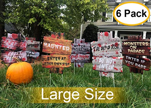 Product Cover Yard Signs for Halloween Beware Signs Yard Stakes Warning Yard Sign Stakes for Halloween Decorations Outdoor Lawn Decorations, Pack of 6 Yard Decorations for Haunted House, Scary Theme Party