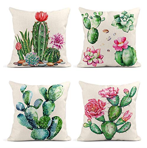Product Cover ArtSocket Set of 4 Throw Pillow Covers Watercolor Cactus Garden Raster for Clipping Path Collection Succulents Plants Decor Linen Pillow Cases Home Decorative Square 18x18 Inches Pillowcases