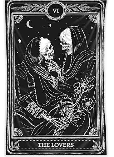Product Cover Riyidecor Skull Skeleton Tapestries Black Marigold Tarot The Lovers 50x30 Inches Magic Moon Star Flowers Hand Leaves Wall Art Hanging Bedroom Living Room Dorm Wall Blankets Home Decor Fabric