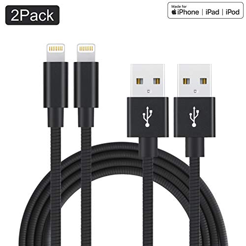 Product Cover Metzonic Apple MFi Certified iPhone Charger 2 Pack 3.3Feet Metal Stainless Steel Braided USB Charging Cable High Speed Connector Data Sync Transfer Cord Compatible with iPhone/iPad (Black, 3.3 ft)