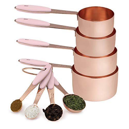 Product Cover Cook with Color 8 Piece Copper Measuring Cups and Measuring Spoon Set Stainless Steel with Soft Touch Silicone Handles, Nesting Liquid Measuring Cup Set or Dry Measuring Cups Set (Pink)