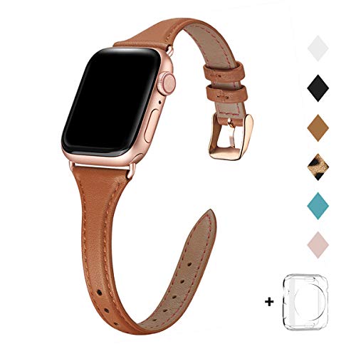 Product Cover Bestig Leather Band Compatible for Apple Watch 38mm 40mm 42mm 44mm, Slim Thin Genuine Leather Replacement Strap for iWatch Series 5/4/3/2/1 (Brown Band+Rose Gold Adapter, 38mm 40mm)