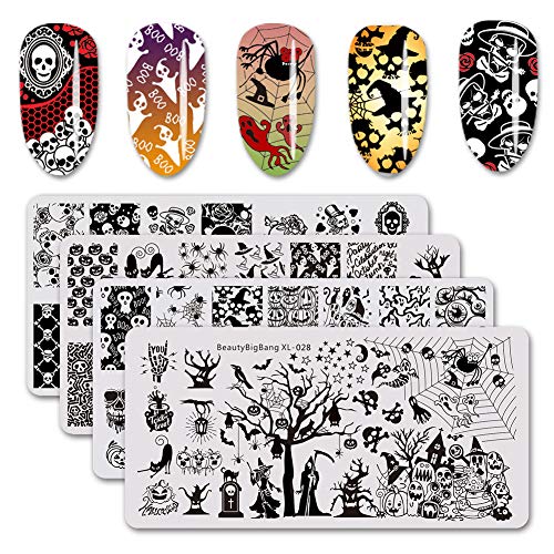 Product Cover BEAUTYBIGBANG 4Pcs Nail Stamping Plate Halloween Theme - Pumpkin Skull Ghost Witch Image Plate Nail Art Design Stamp Kit Manicure Template Set