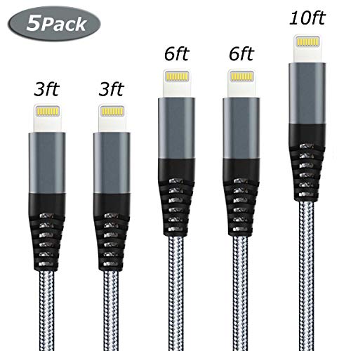 Product Cover iPhone Charger Cable 5Pack (3/3/6/6/10FT) Lightning Cable Nylon Braided USB Fast Long iPhone Charging Cords Compatible iPhone 11/Xs/Max/XR/X/8/8Plus/7/7Plus/6S/6S Plus/SE/iPad/iPod COVS