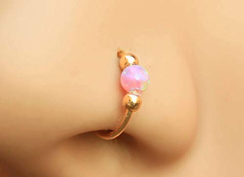 Product Cover Gold Nose Ring Piercing - Opal piercing Hoop 20 gauge - Tiny Piercing Nose Rings hoop - Opal nose rings - Thin Nose Hoop - pink opal piercing