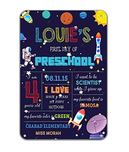 Product Cover Reusable Space Rocket First Day Chalkboard Children Party Photo Props Back to School Astronaut Metal Tin Signs Kindergarten Easy Clean 8x12 inches Customizable with Liquid Chalk Markers(not included)