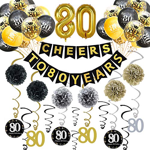 Product Cover Trgowaul 80th Birthday Party Decorations Kit- Gold Glittery Cheers to 80 Years Banner, Poms, 6Pcs Sparkling 80 Hanging Swirl, 1 Gold Number Balloon and 15 Confetti Balloons(Black, Golden) for 80th Anniversary Decorations 80 Years Old Party